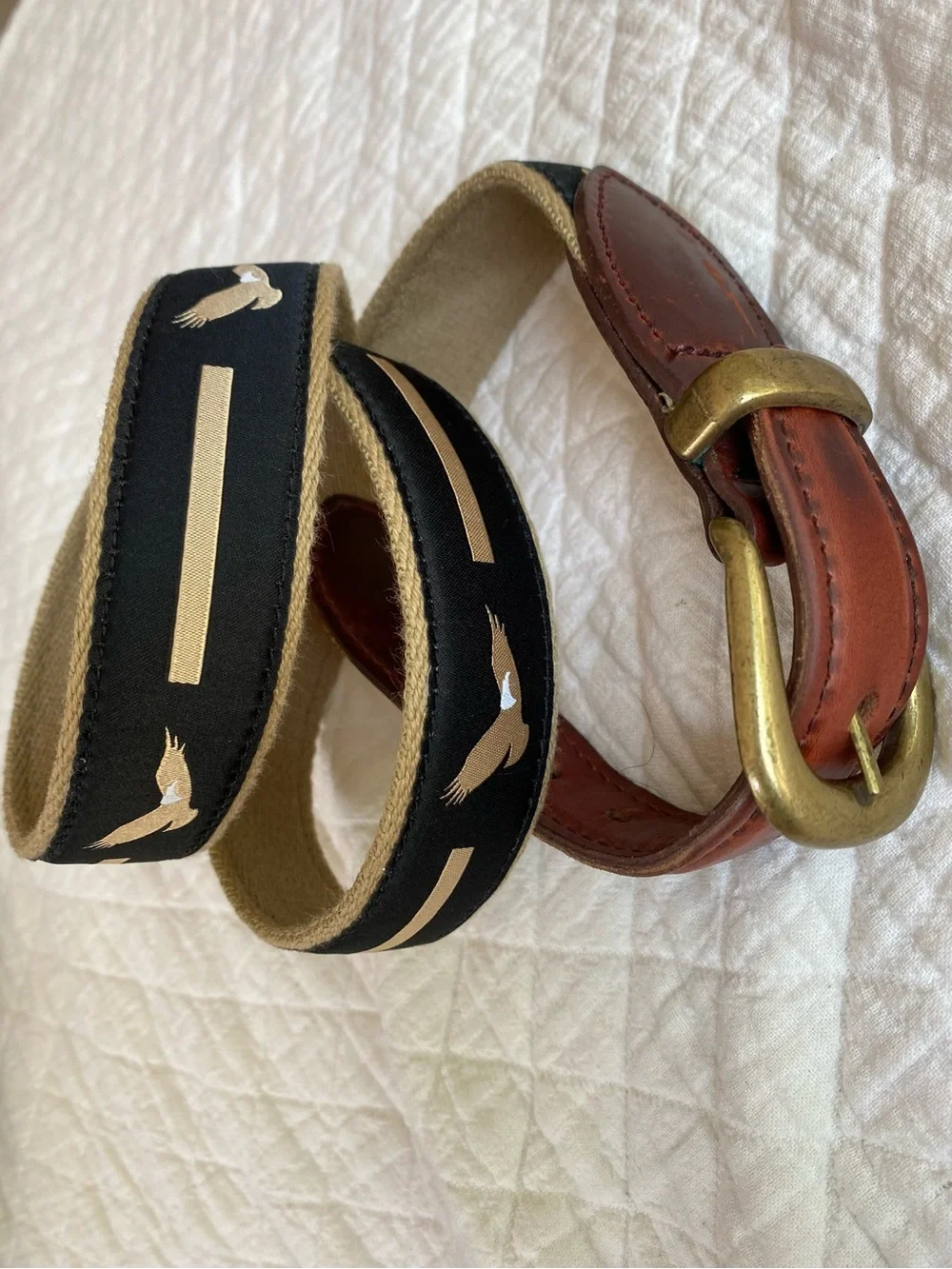 YRI Eagle Ribbon Belt Black Tan Strap Leather Brass Buckle Preppy Old Money 38
